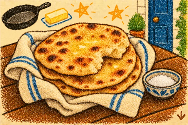 Crayon drawing: three round flatbreads with brown blistered spots in a striped cloth, the top one torn, beside a small dish of salt, on a porch table by a blue door, with a frying pan, a block of butter and two stars