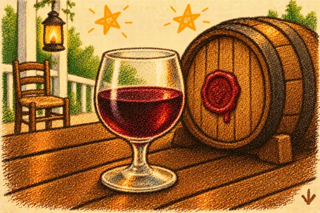 Crayon drawing: a glass of dark red wine beside an old oak barrel with a red wax seal, on porch boards, with a wooden chair, a hanging lantern and two stars