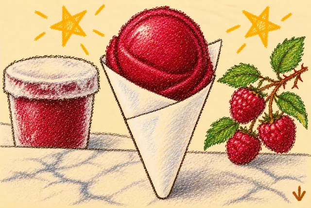 Crayon drawing: a scoop of deep crimson sorbet in a folded white paper cone on a marble counter, with a tub frosted white on its lid and raspberries on a cane
