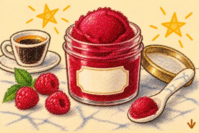 Crayon drawing: an open glass jar of deep crimson sorbet with a blank label on a marble counter, its lid and a white marble spoon beside it, with a cup of espresso and three raspberries