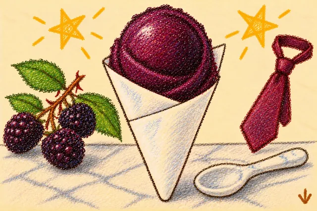 Crayon drawing: a scoop of near-black purple sorbet in a folded white paper cone on a marble counter, with a white marble spoon set down beside it, wild blackberries and a burgundy necktie