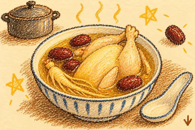 Crayon drawing: a blue-striped bowl of golden broth holding a small whole chicken, four dark red jujubes and a ginseng root, with a spoon beside it and a lidded pot behind