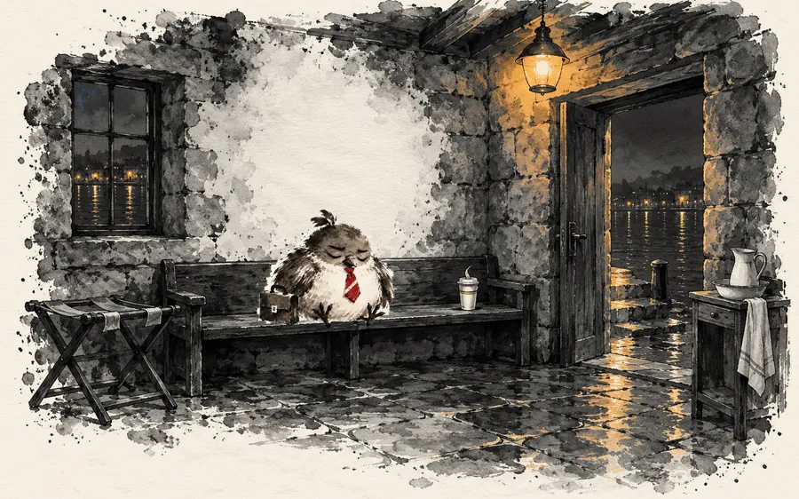 Ink wallpaper of Dom Pidgey asleep on a long bench in a stone waiting room at night, a lamp over the open door and lights on the water outside