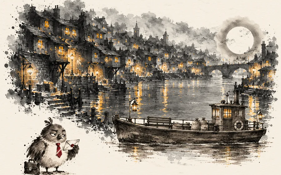 Ink wallpaper of a harbor town at dusk with lit windows, a bridge, the moon and a small boat, and Dom Pidgey at the lower left holding a letter