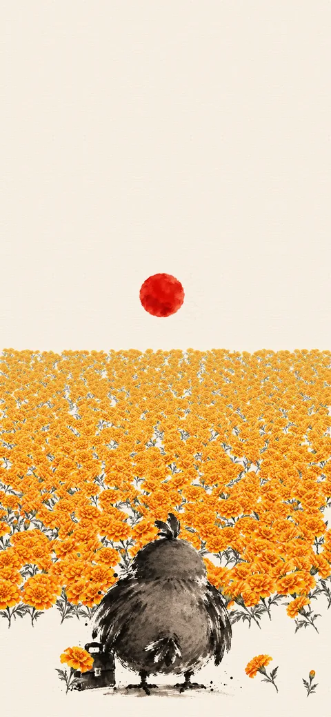 Ink wallpaper of Dom Pidgey seen from behind with his briefcase, standing at the near edge of a field of orange marigolds under a red sun