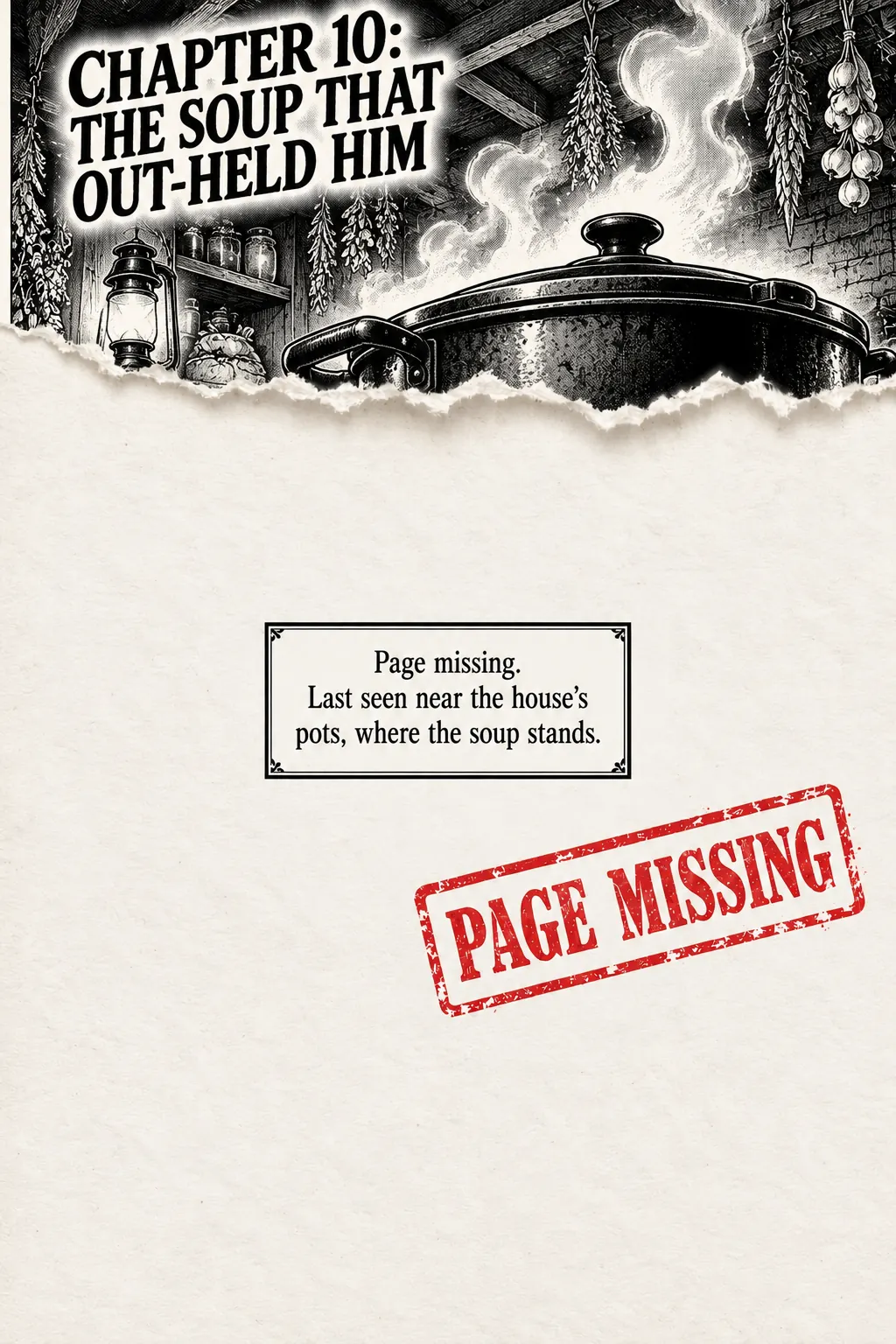 Chapter 10, The Soup That Out-Held Him: a torn-out page stamped PAGE MISSING. Page missing. Last seen near the house's pots, where the soup stands.