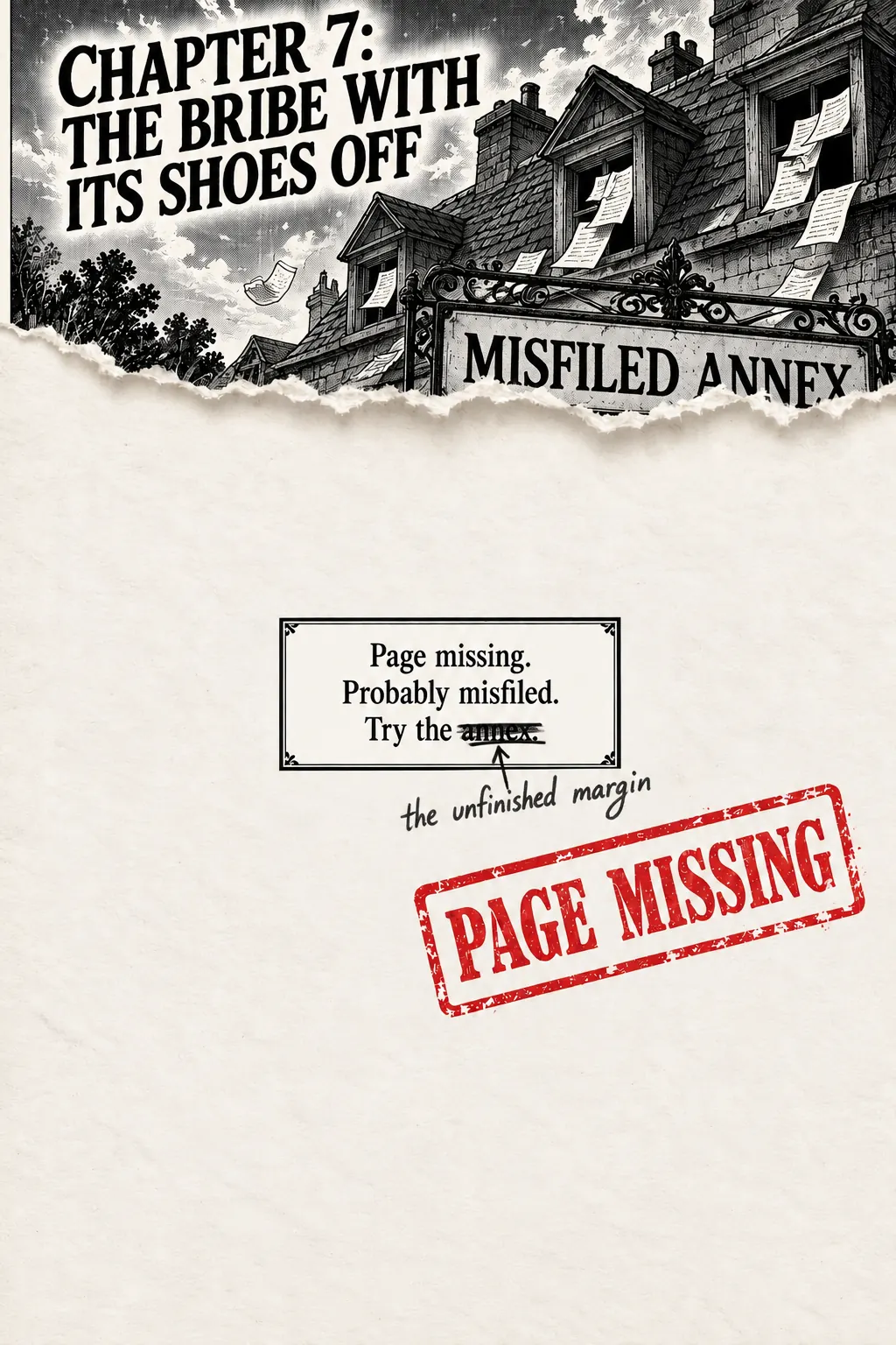 Chapter 7, The Bribe With Its Shoes Off: a torn-out page stamped PAGE MISSING. Page missing. Probably misfiled. Try the annex, crossed out, and in handwriting: the unfinished margin.