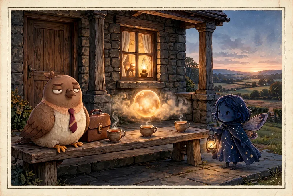 Horizontal storybook illustration of Dom Pidgey at the left end of the Stoa bench beside his briefcase, Limen’s amber orb in the middle, and midnight-blue night sprite Nyx standing nearby with her lantern; three cups of oolong tea rest on the bench