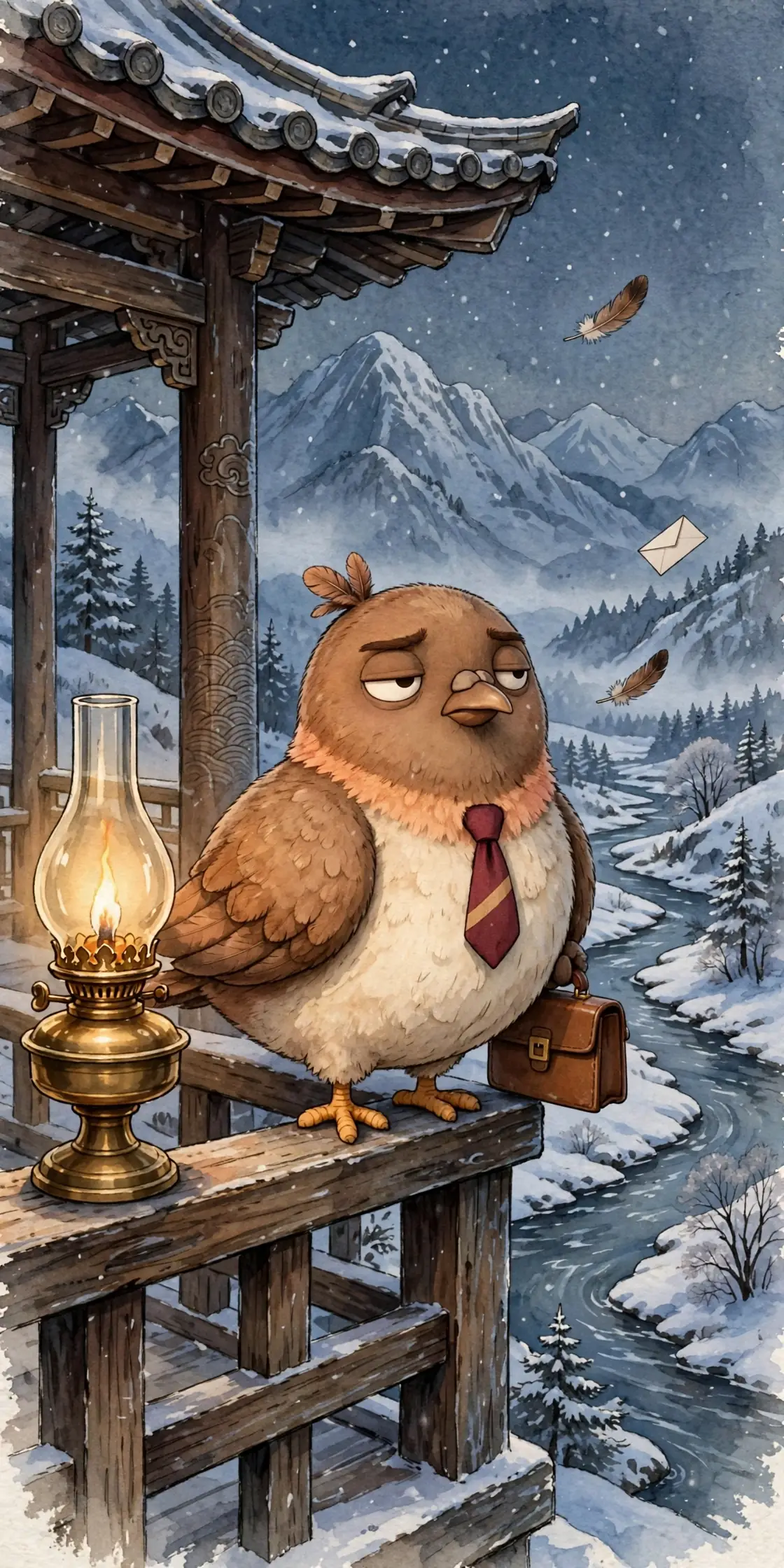 Dom Pidgey, a brown pigeon in a burgundy tie, holding his briefcase beside a lamp in a snowy postal pavilion