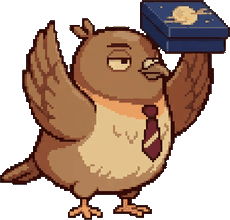 Dom Pidgey holding a blue mooncake box up over his head