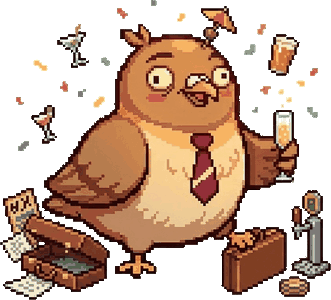Dom Pidgey at a party, a glass raised, with drinks and confetti in the air around him