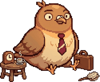 Dom Pidgey sitting down beside a small table with a clock and a cup on it