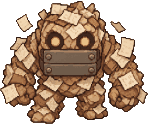 Pixel drawing of the Beast of Compaction facing us, a looming heap of crumpled paper with glowing eyes and its jaw shut