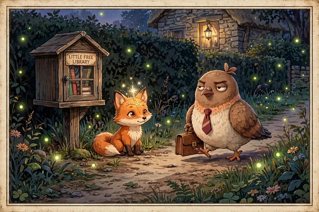 Storybook illustration of Neth's Little Free Library