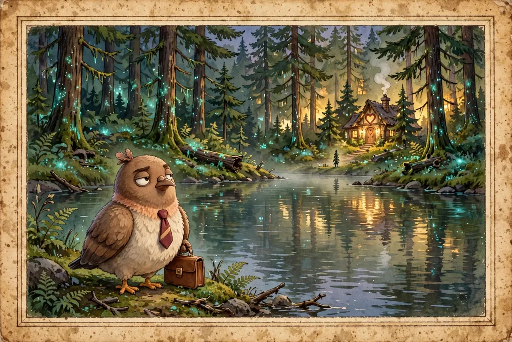 Storybook illustration of Dom Pidgey standing with his briefcase on a mossy lake shore in a tall dark forest, looking across the water to a small lit cottage with a heart on its gable and smoke rising from its chimney