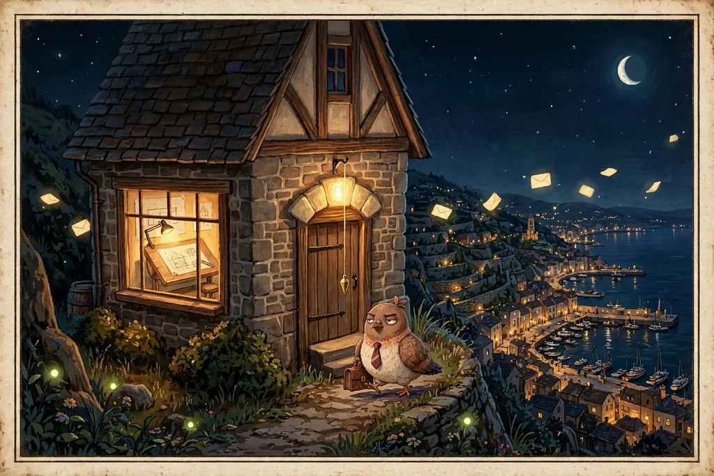 Storybook illustration of Dom Pidgey inspecting the lamp-lit Trueing House above the harbor at night