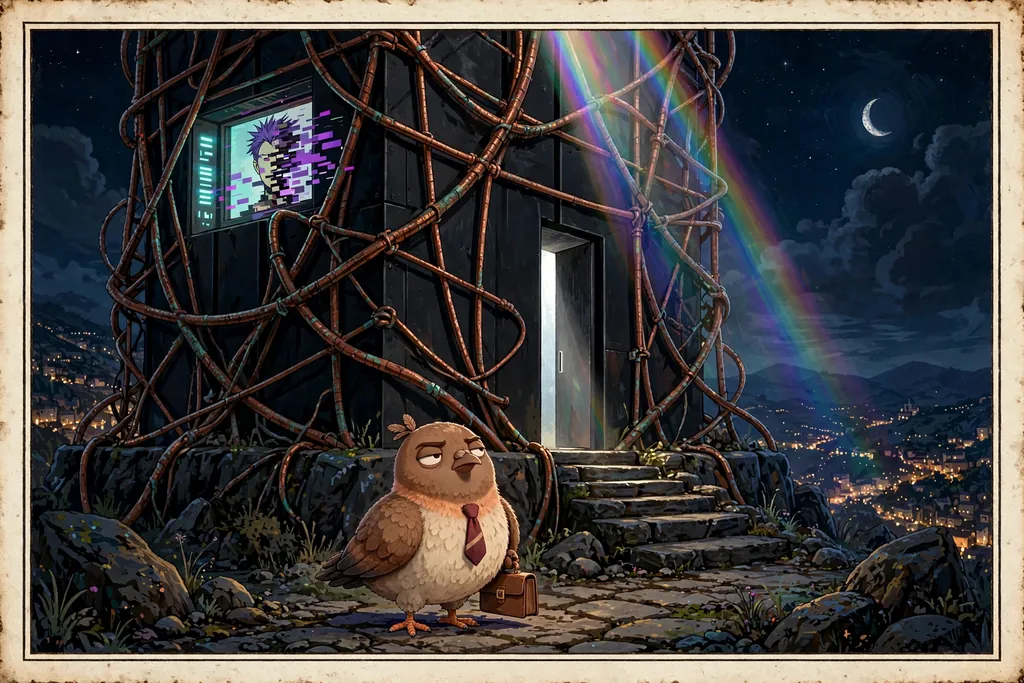 Storybook illustration of Dom Pidgey before the Copper Frame, a black monolith wrapped in copper cabling and rainbow light