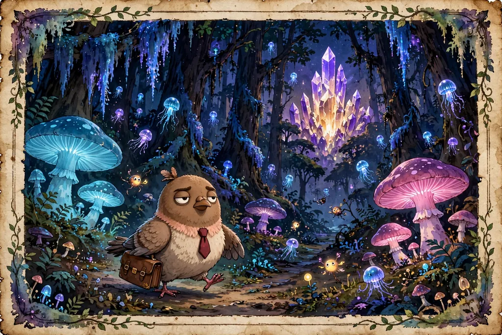 Storybook illustration of Dom Pidgey exploring the bioluminescent deep Gloaming with the crystalline Glassheart beyond
