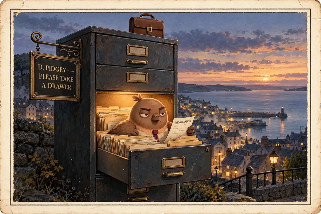 Storybook illustration of Dom Pidgey at the filing cabinet