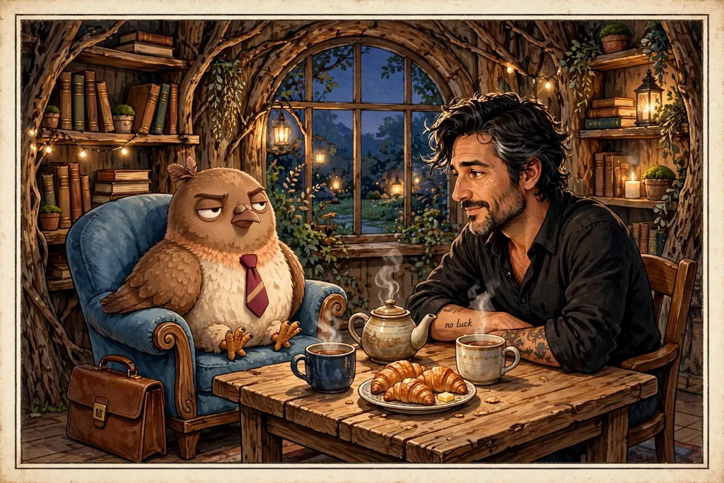 Storybook illustration of Dom Pidgey in the blue chair at the Library Window, with tea and croissants on the table