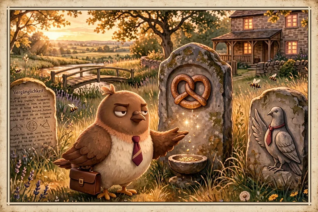 Storybook illustration of Dom Pidgey scattering crumbs into the offering bowl at the Shrine of the Pretzel, three carved stones in tall grass at golden hour