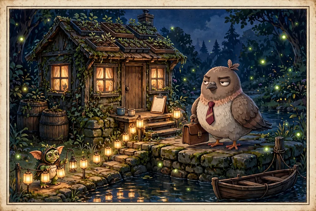Storybook illustration of Dom Pidgey standing with his briefcase on a mossy stone landing outside a small lamplit cottage with seed trays on its roof, a string of paper lanterns running down the steps to dark water, a small green long-eared figure in a leaf hood holding the string, fireflies, and a rowboat tied at a post