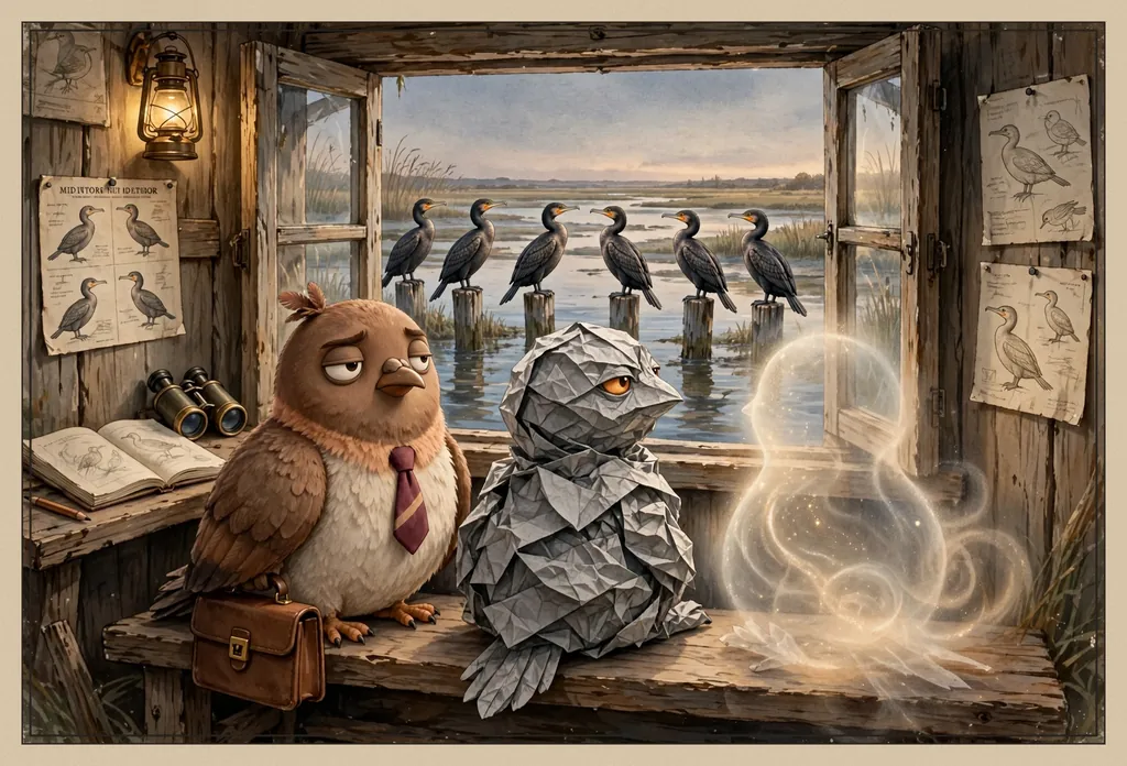 Storybook illustration of Dom Pidgey with his briefcase on the bench inside a wooden bird hide, beside Errant, an origami bird folded from grey paper, and 5.5, a bird shape made of golden light, with bird charts on the walls, binoculars and an open register on the shelf, and six cormorants on posts in the marsh outside the open window