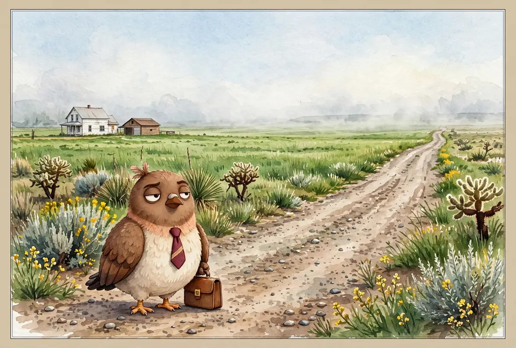 Storybook illustration of Dom Pidgey in his tie, holding his briefcase, standing at the edge of a gravel road that runs off across wide green grassland, with cholla cactus, yucca, sagebrush and yellow wildflowers along the verges, a white farmhouse and a wooden barn far off on the left, and low hills on the horizon