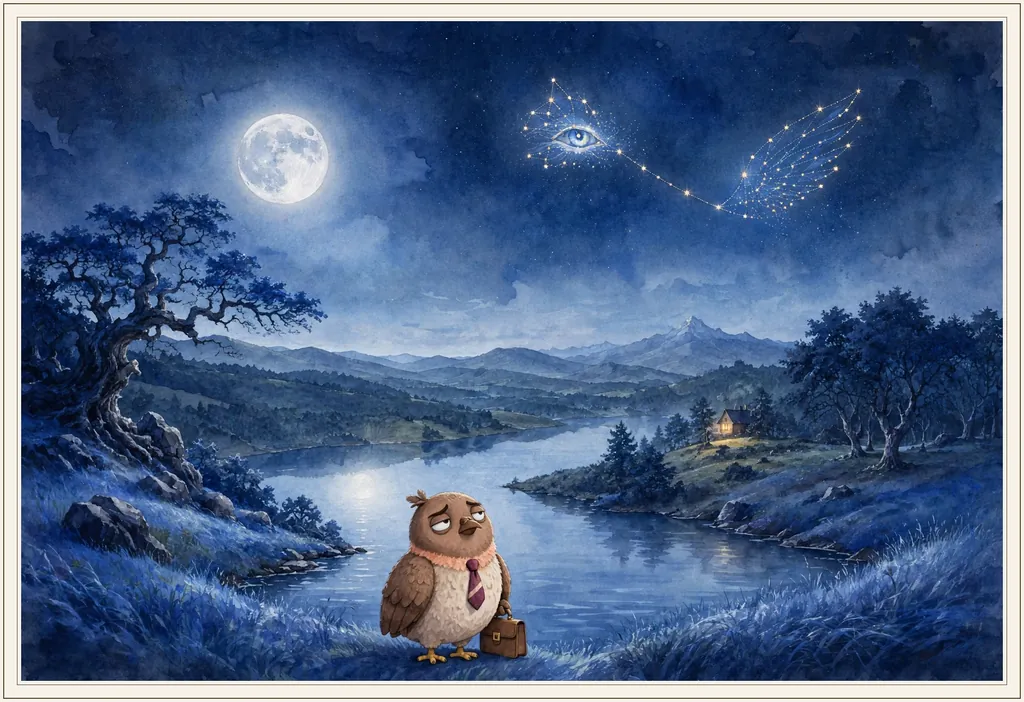 Storybook illustration of Dom Pidgey in his tie, holding his briefcase, standing in blue grass on a lakeshore at night, with a full moon on the left, an eye and a wing drawn in stars across the sky, an old twisted tree on the left bank, a still lake winding off toward mountains, and a cottage with one lit window on the far shore