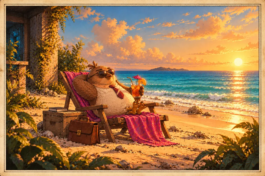 Storybook illustration of Dom Pidgey in sunglasses and his red tie, leaning back in a wooden deck chair on a pink towel at sunset, an iced drink with a paper umbrella in one wing, his briefcase and a book on a crate beside him, the sea and a far island behind, and a vine-covered timber corner of a house at the left