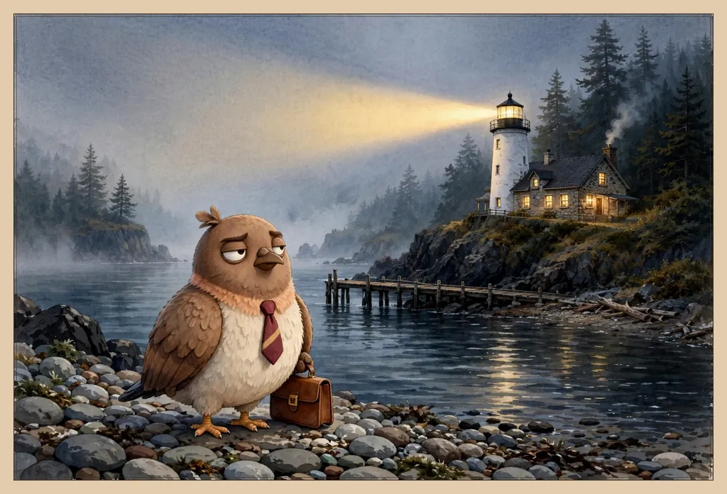Storybook illustration of Dom Pidgey in his tie, holding his briefcase, standing on a shingle beach at dusk, with a white lighthouse on a rocky headland sending its beam out over the water, a lit stone cottage with a smoking chimney beside it, a wooden pier, and dark firs down to the rocks