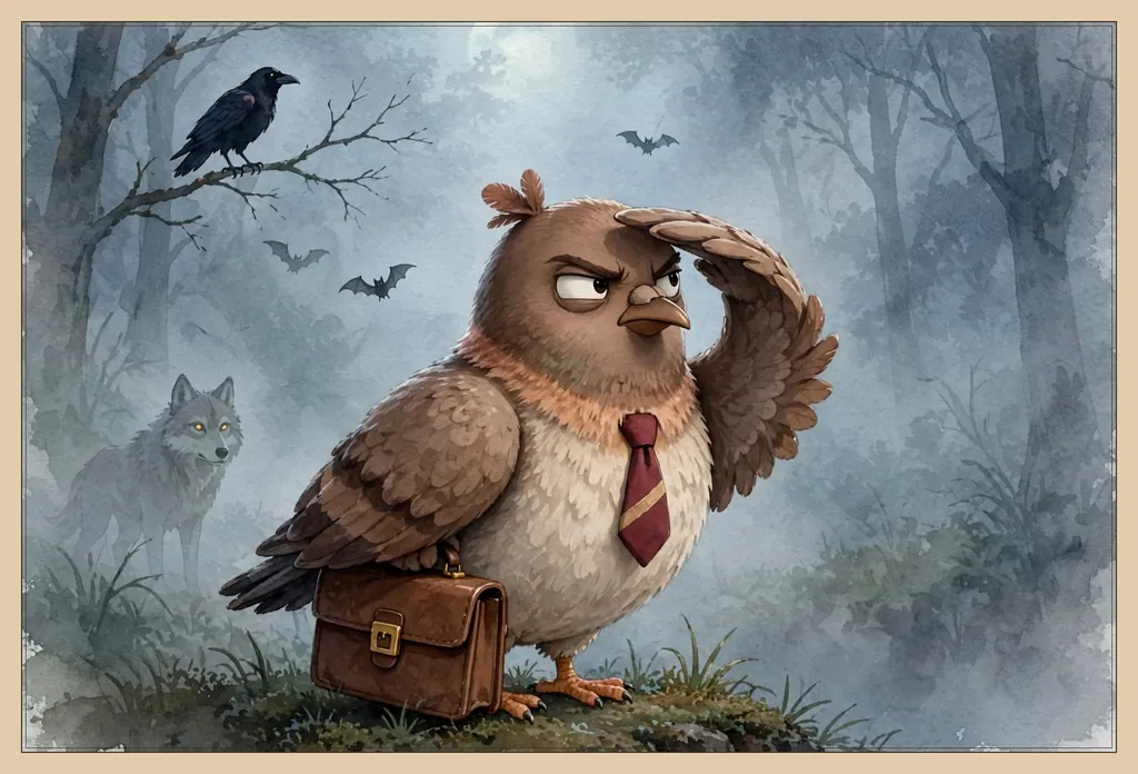 Storybook illustration of Dom Pidgey in his tie, holding his briefcase, shading his eyes with one wing and frowning off to the right in a misty blue wood at night, while a grey wolf with yellow eyes stands among the trees behind him, a crow watches from a bare branch, and three bats fly overhead