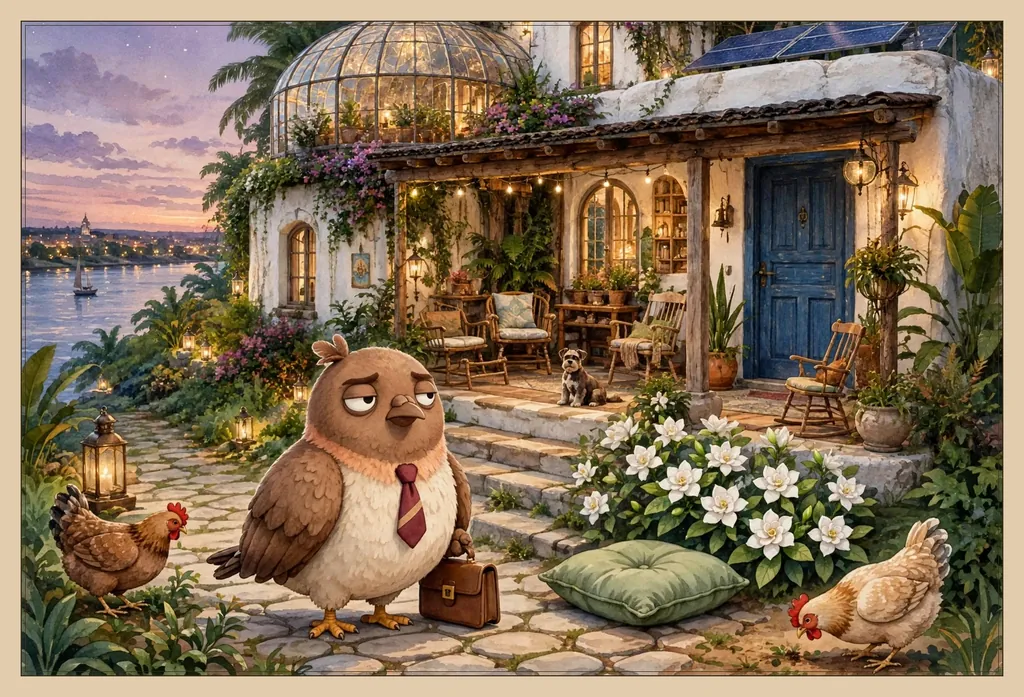 Storybook illustration of Dom Pidgey in his red tie, holding his briefcase, on a stone path before a whitewashed house with a deep-blue door, a lamp-lit porch of mismatched chairs, a small dog on the step, a green cushion beside a bush of white gardenias, two hens in the yard, a glass dome of plants on the roof, and a river with a sailboat and a lit town beyond at dusk