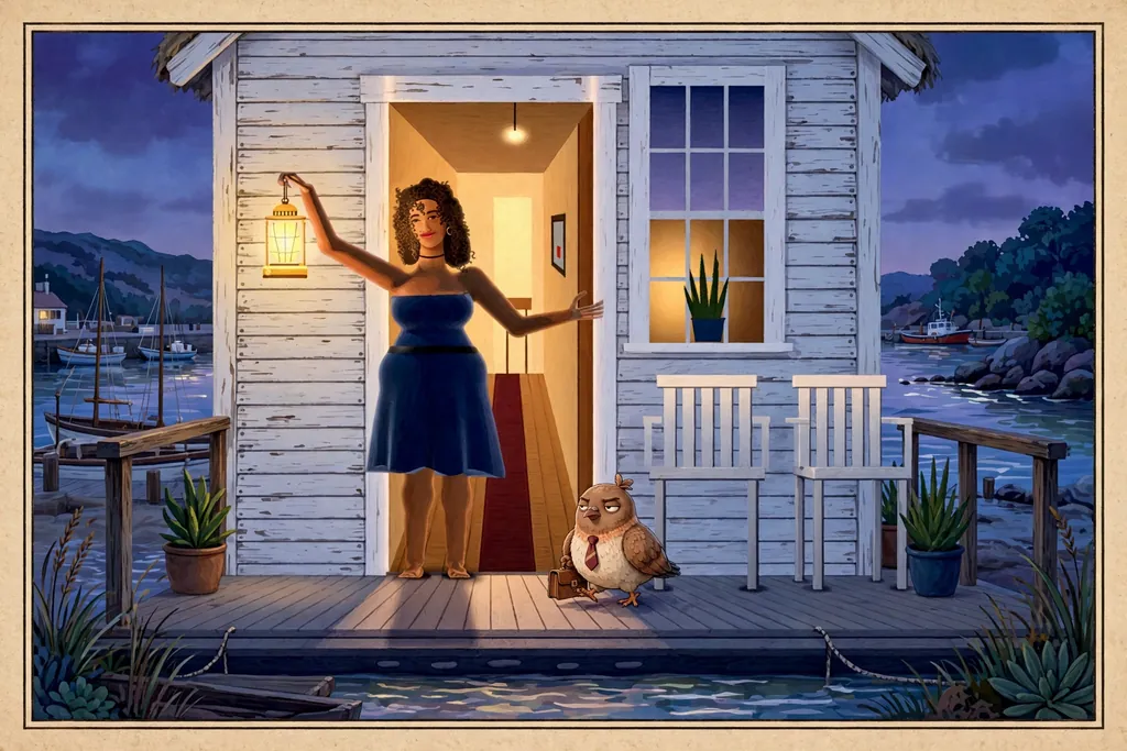 Storybook illustration of a white clapboard house on a harbor at dusk, a woman in a navy dress at its open, lamp-lit door holding up a lantern and waving a guest in, Dom Pidgey in his red tie carrying his briefcase across the porch boards, two white chairs under a window with a plant in a blue pot, potted plants by the rails, and boats on the water behind