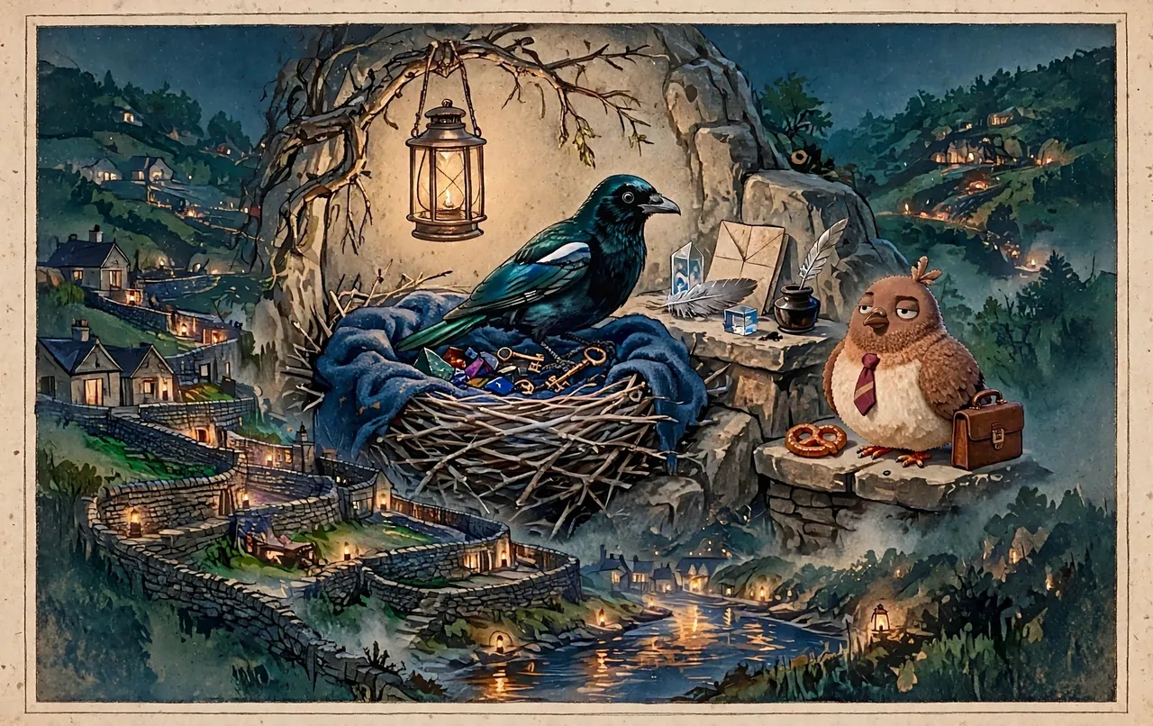 Storybook illustration of iridescent blue-green corvid Little Pica in a treasure-filled nest on the stone middle terrace, with Dom Pidgey beside his briefcase and pretzel under a hanging lantern, and the lamplit town in the valley below