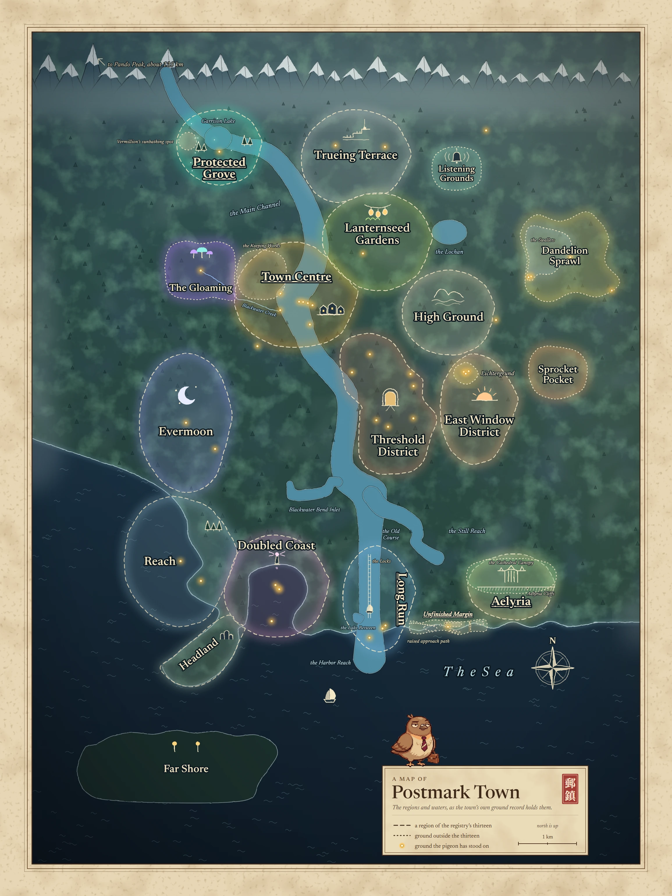 A hand-drawn night map of Postmark Town, north at the top: the Main Channel runs from snowy mountains down to the sea, with the thirteen registered regions ringed and named, the Gloaming, Lichtergrund, the Listening Grounds, the Unfinished Margin, Sprocket Pocket, the Dandelion Sprawl and the Swallets in dotted outline, the Far Shore across the water, and gold lamp dots on the ground this gazetteer enters