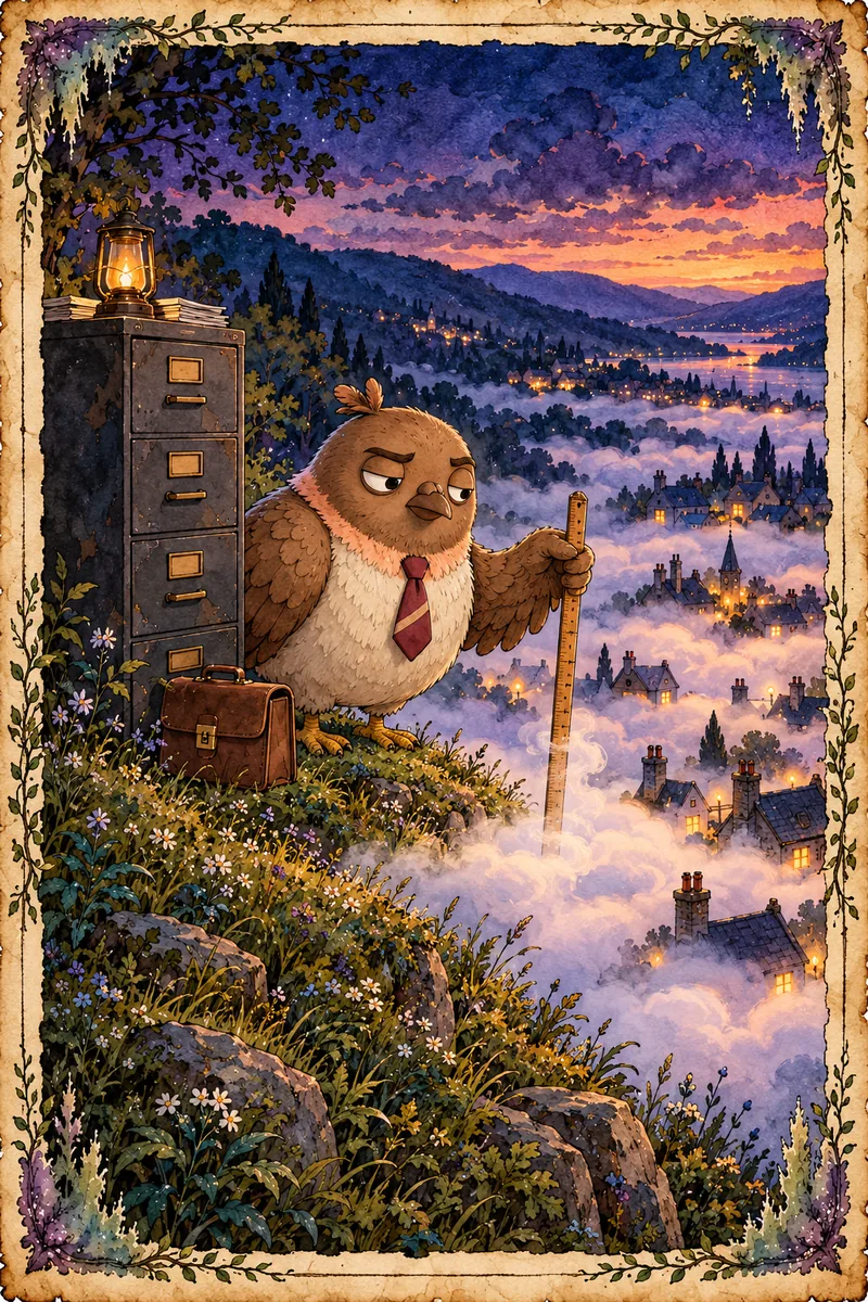04, Measuring the Fog: a storybook watercolor of Dom Pidgey