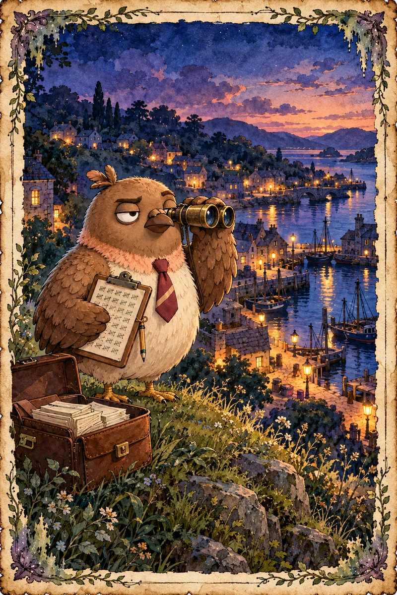 01, The Census Taker: a storybook watercolor of Dom Pidgey