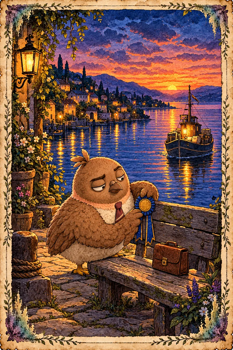 10, The Oldest Bench, at (33, 3.5): a storybook watercolor of Dom Pidgey