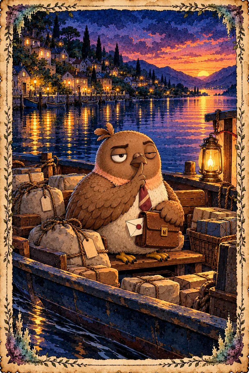 07, The Quiet Carriage: a storybook watercolor of Dom Pidgey