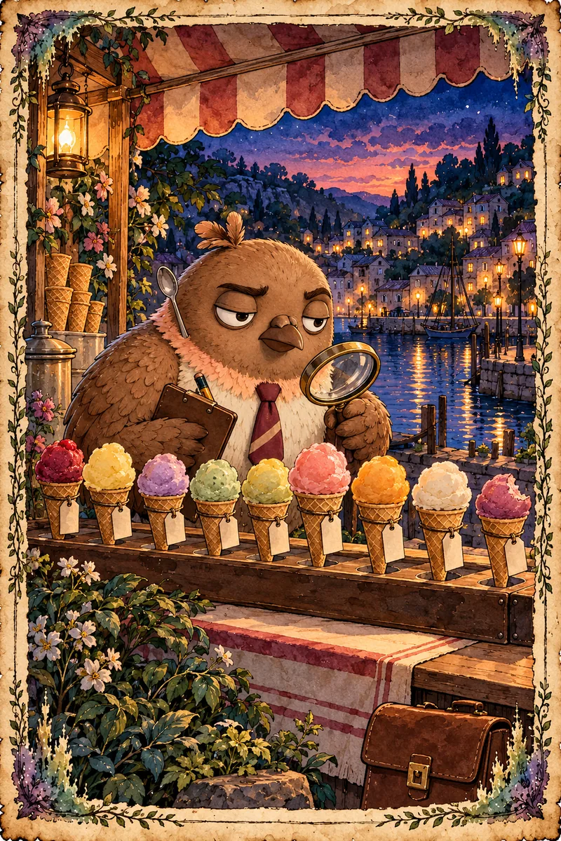 03, The Sorbet Count: a storybook watercolor of Dom Pidgey