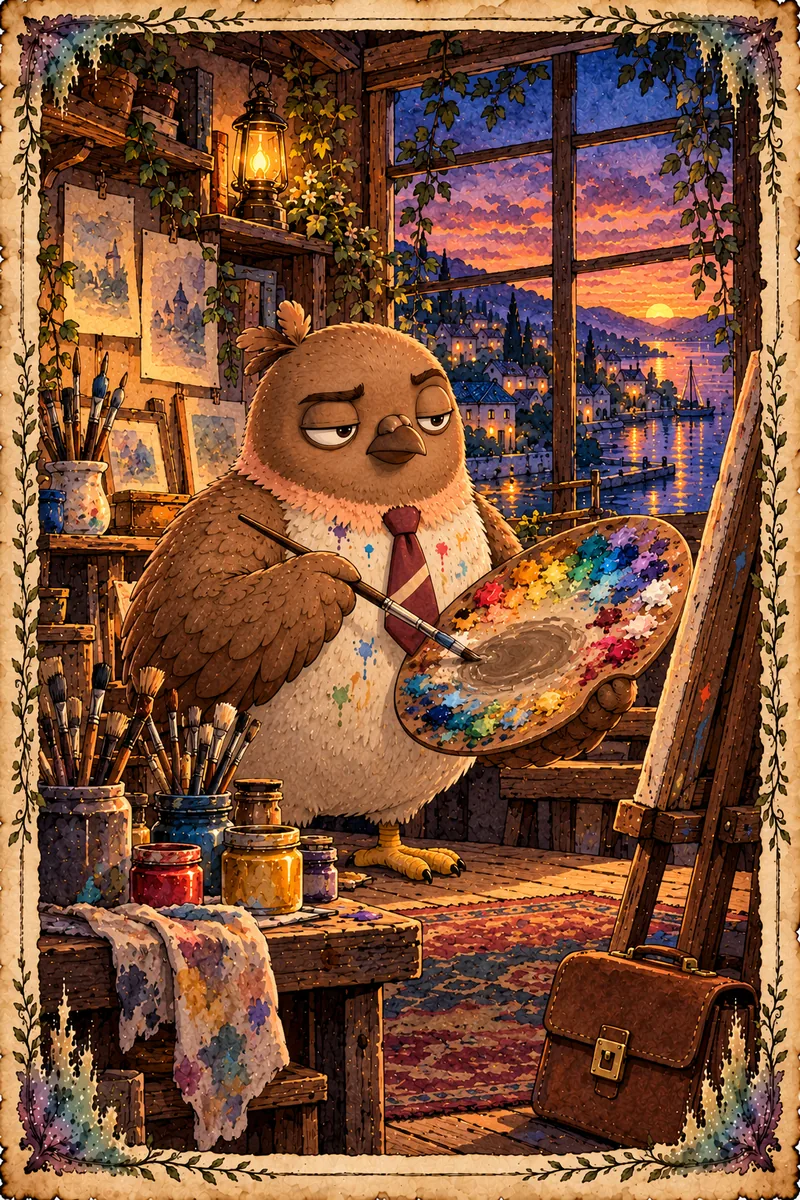 08, The Town's Color: a storybook watercolor of Dom Pidgey