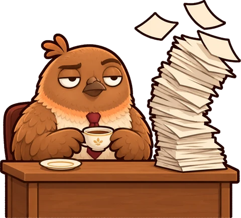 Dom Pidgey at his desk with a cup, beside a stack of papers coming loose